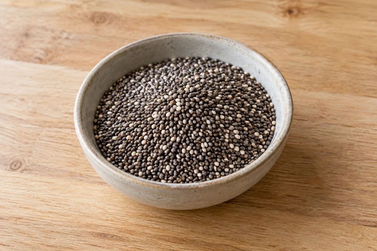 Trockene Chiasamen in einer kleinen Keramikschale