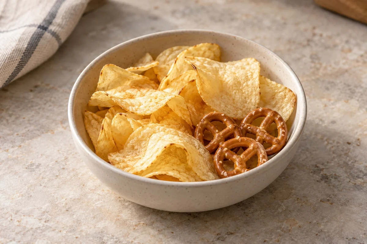 Kartoffelchips und kleine Salzbrezeln in einer schlichten Schale