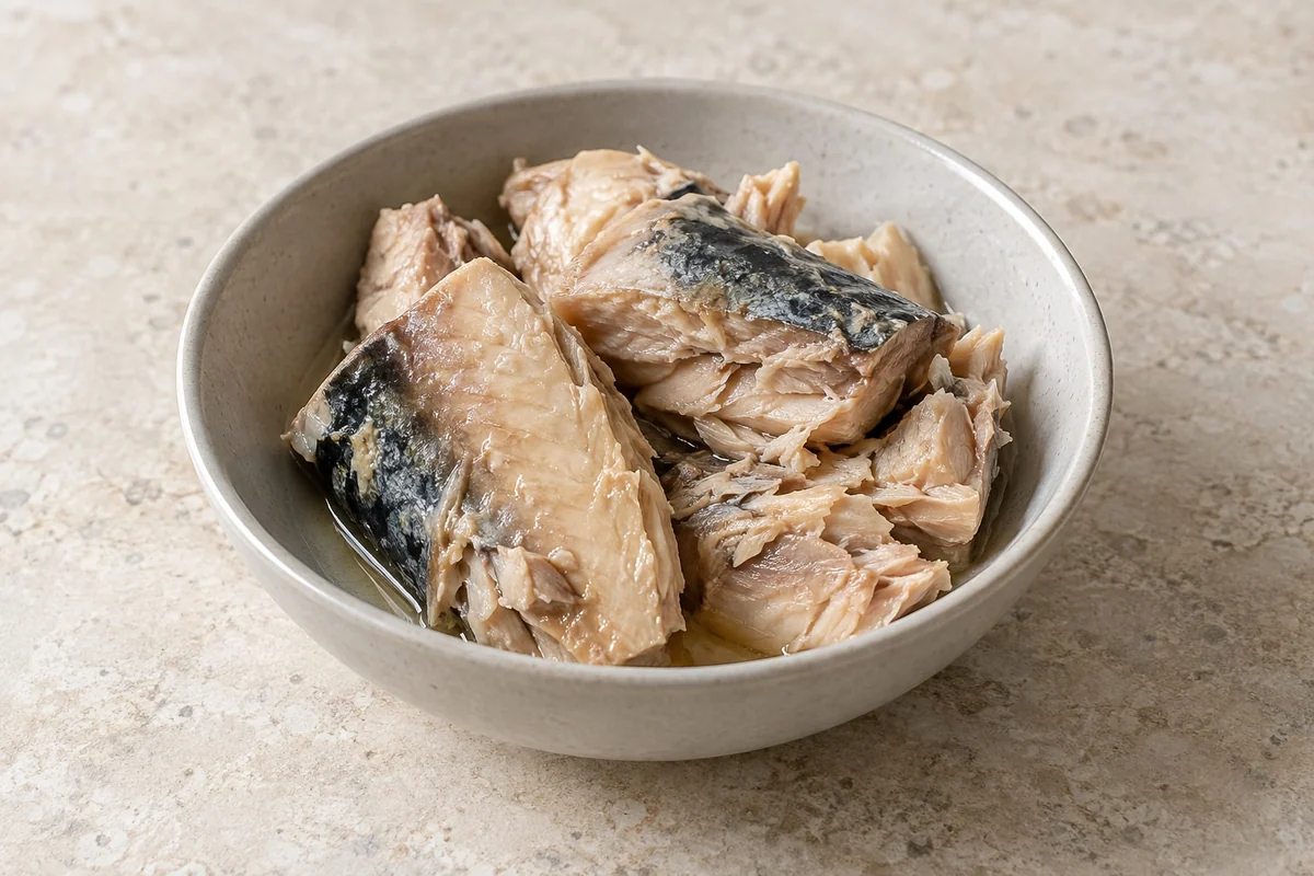 Makrelenfilets aus der Dose in einer schlichten Schale