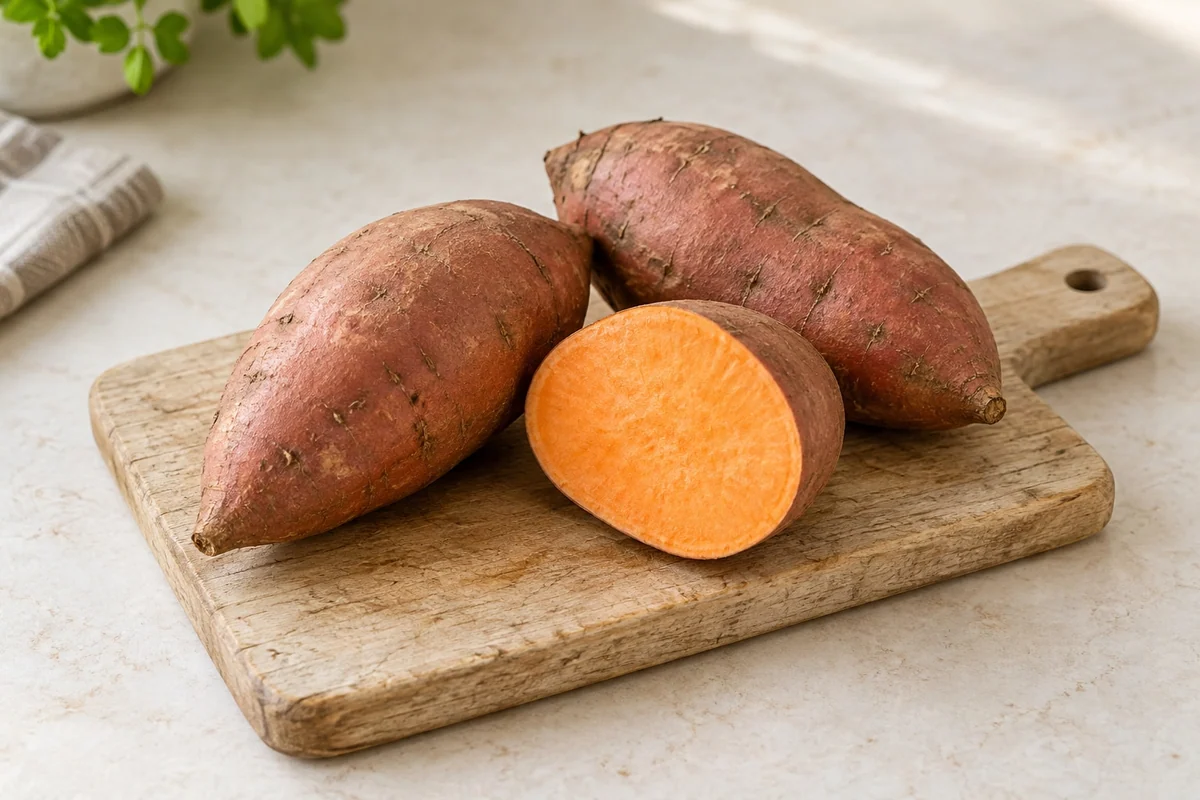 Süsskartoffeln mit einer orangefarbenen Schnittfläche auf einem Küchenbrett