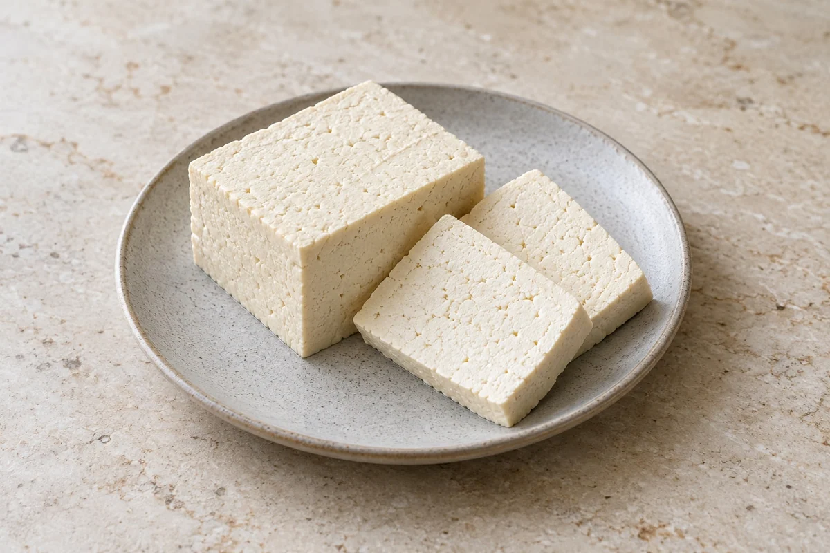 Fester Naturtofu mit zwei Scheiben auf einem schlichten Teller