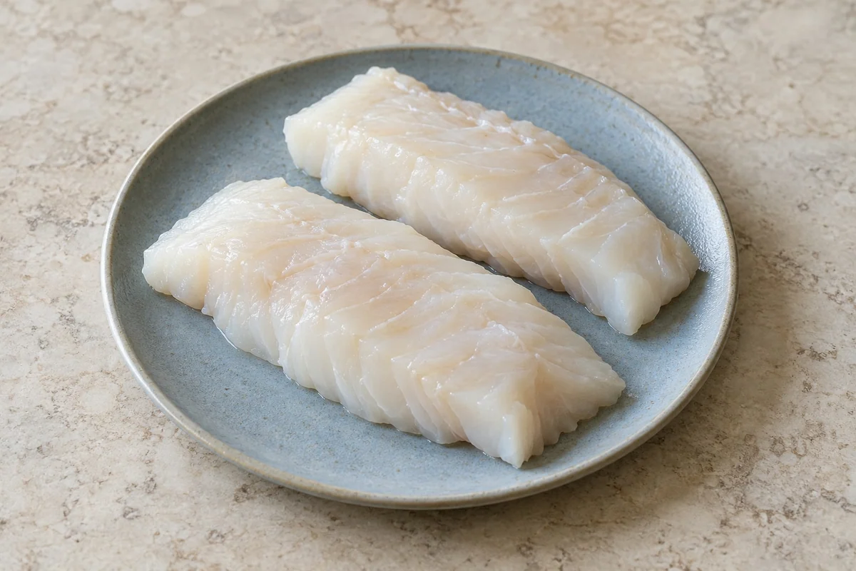 Frische rohe Weissfischfilets auf einem schlichten Teller