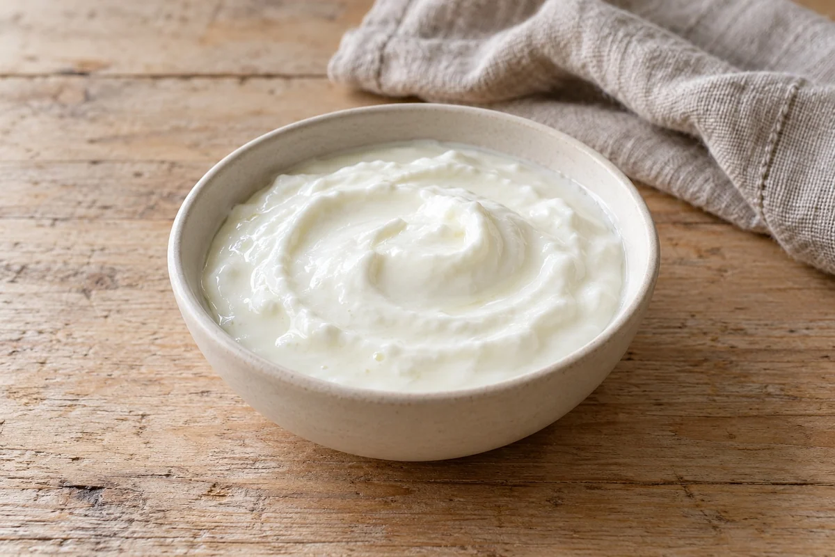 Naturjoghurt mit einer lockeren Oberfläche in einer Keramikschale