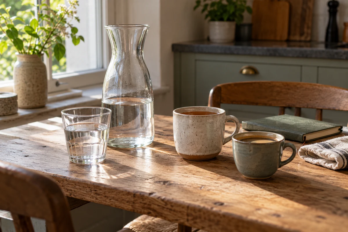 Wasserkaraffe, Teetasse und kleiner Kaffee auf einem sonnigen Küchentisch.