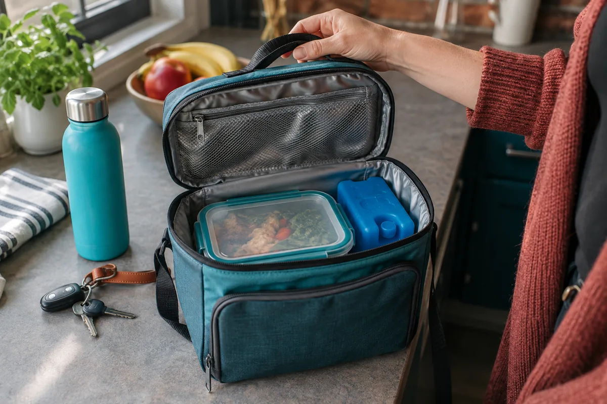 Eine Lunchbox und ein Kühlakku stecken in einer geöffneten Kühltasche.