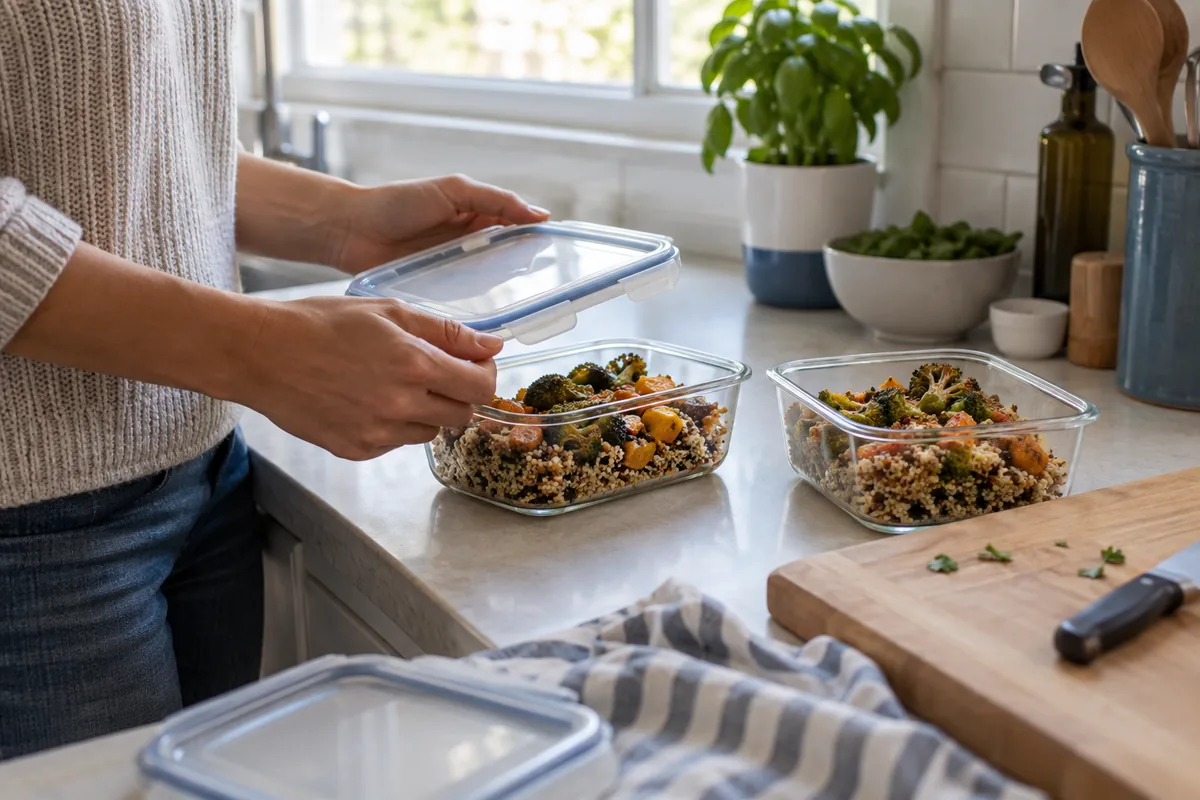 Zwei Portionen in flachen Glasbehältern werden nach dem Kochen verstaut.