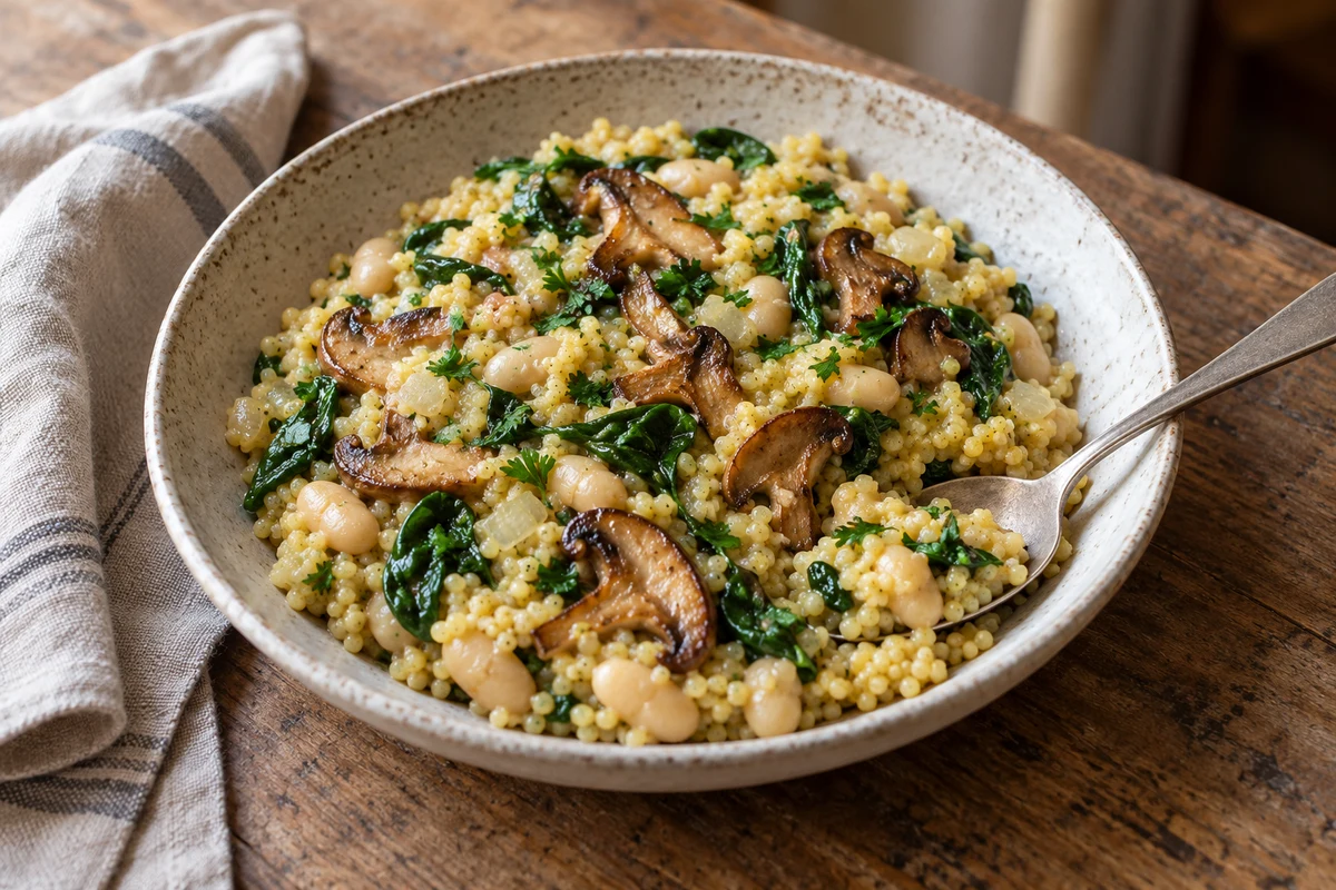 Cremige Pilz-Hirse mit weissen Bohnen