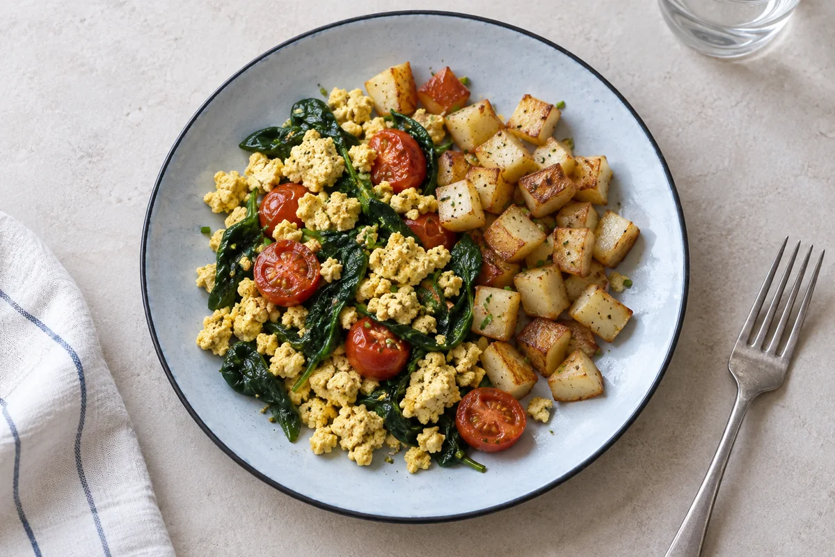 Tofu-Scramble mit Tomaten und Kartoffeln