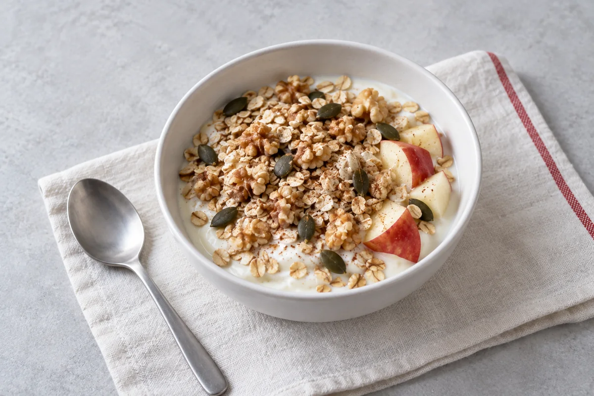 Pfannen-Granola mit Apfel und Sojajoghurt