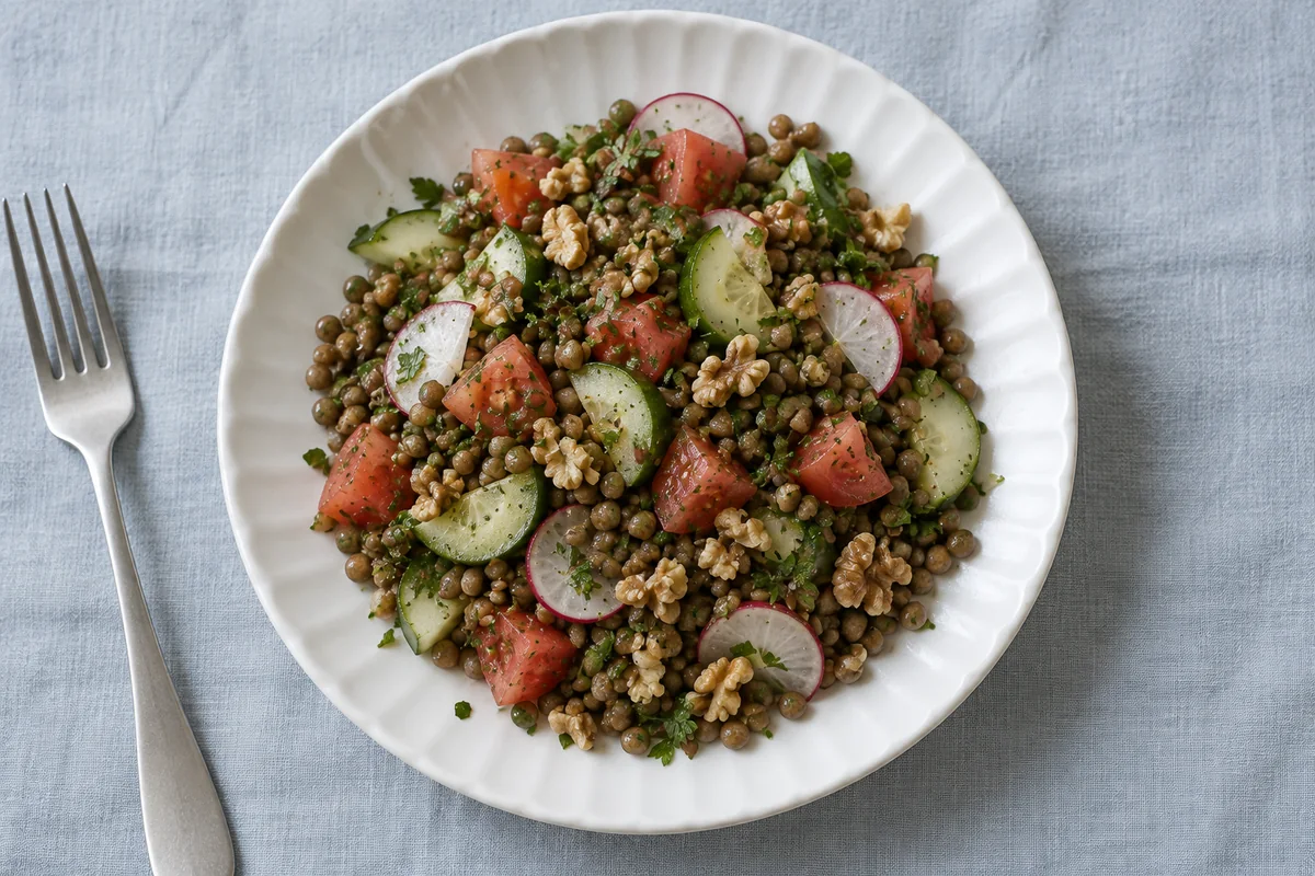 Zitronen-Linsen-Salat mit Gurke und Radieschen