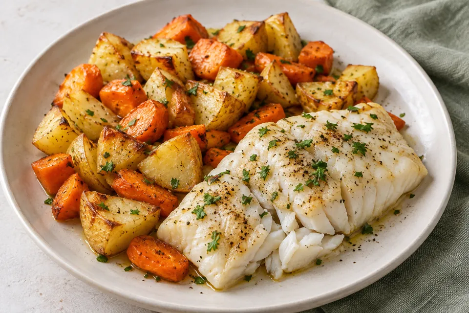 Ofenfisch mit Kartoffeln und Karotten