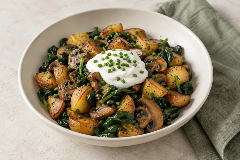Kartoffel-Pilz-Pfanne mit Spinat