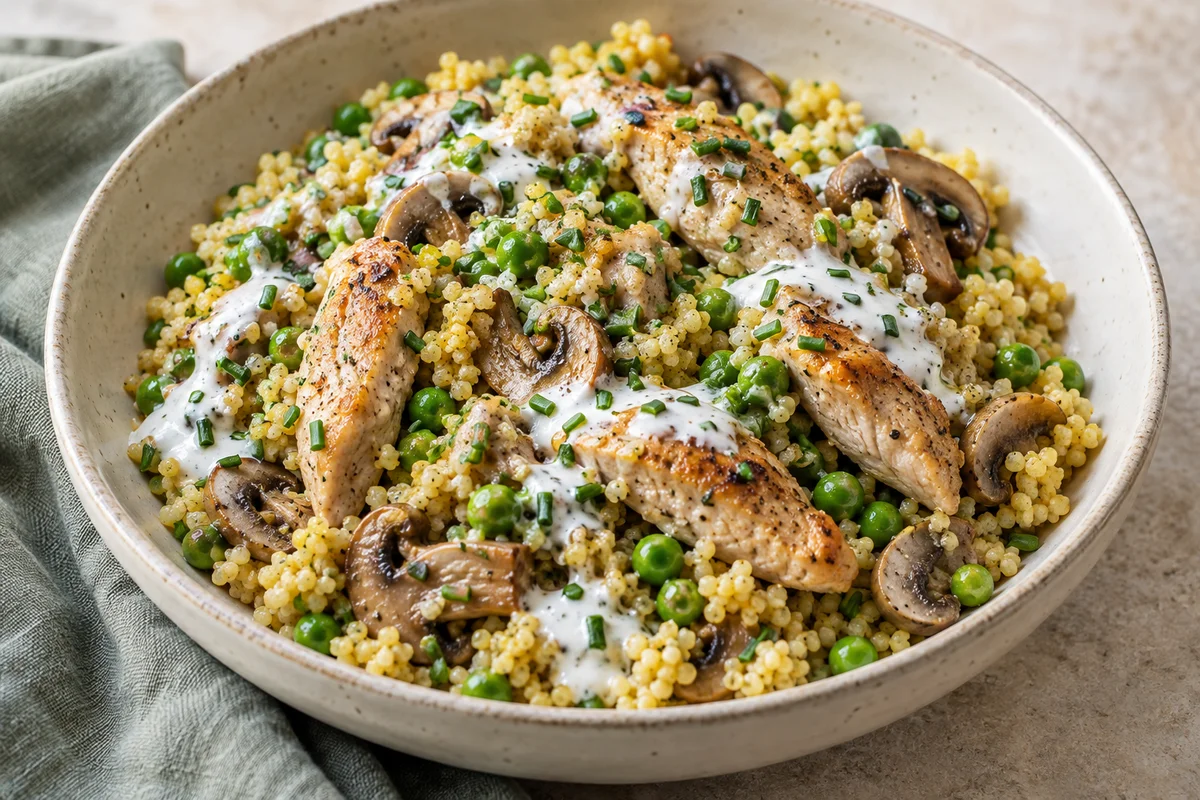 Poulet-Pilz-Hirse mit Erbsen