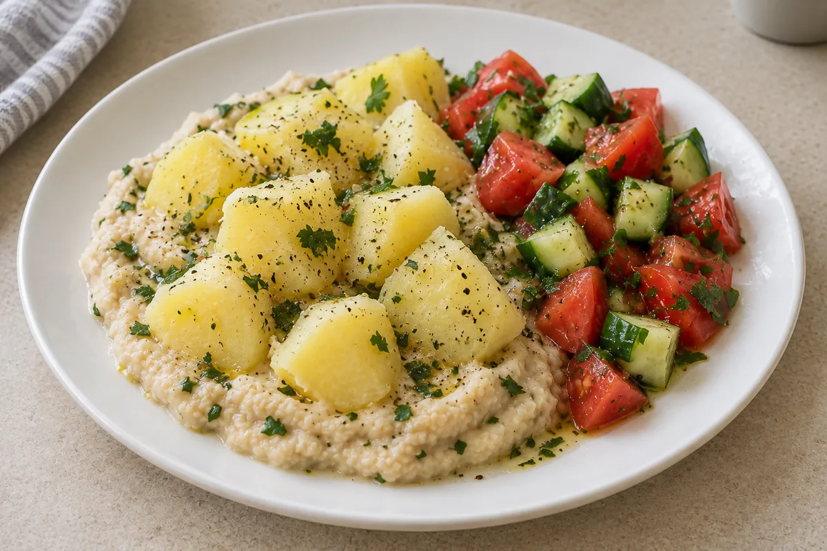 Kartoffelteller mit Bohnencreme und Tomatensalat