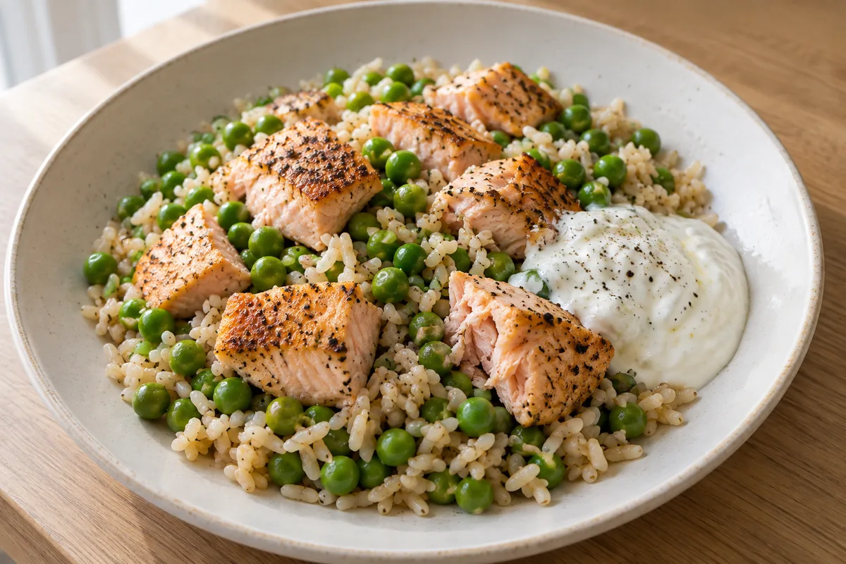 Lachs-Erbsen-Reisteller mit Zitronenjoghurt